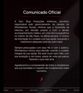 Whindersson Nunes se Interna em Clínica Psiquiátrica para Tratamento de Saúde Mental 1 Comunicado Oficial (Imagem: Non Stop Produções Artísticas)
