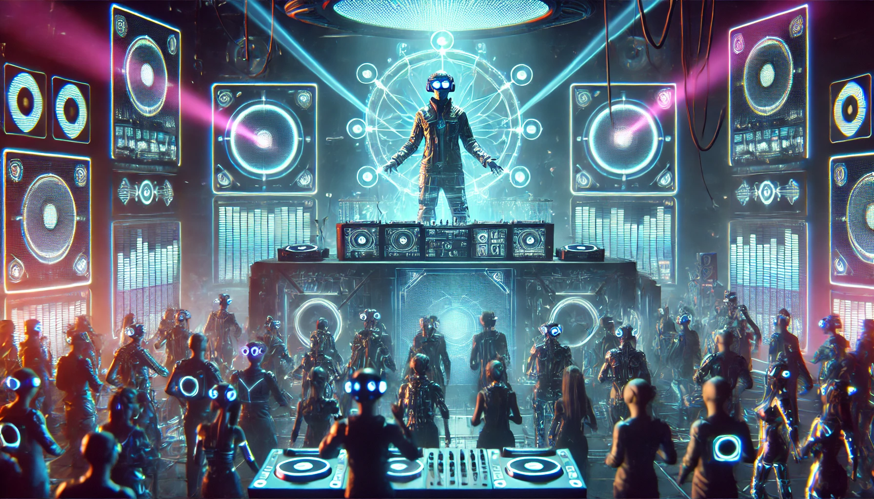 🎵 Música e Inteligência Artificial – O que mudou nesse refrão? 1 cyberpunk-style-music-festival-featuring-a-futuristic-DJ-controlled-by-artificial-intelligence.-The-DJ-booth-is-surrounded-by-holograms-and-digita